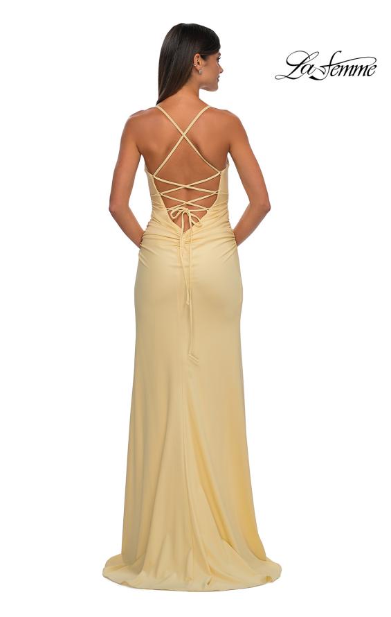 Picture of: Open Back Prom Dress with Rhinestone Detail Neckline in Pale Yellow, Style: 32851, Detail Picture 12