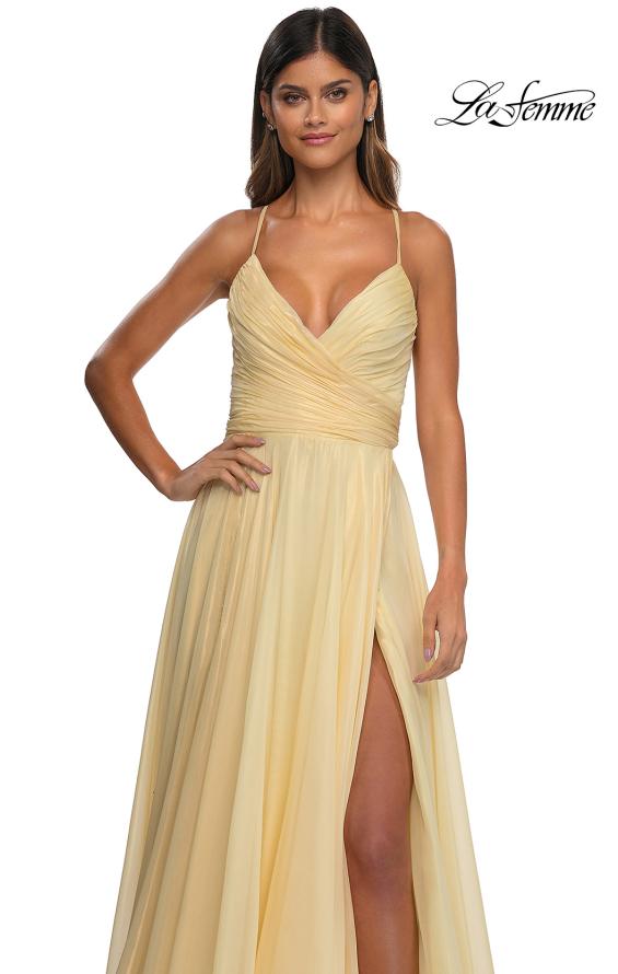 Picture of: Metallic Chiffon Prom Dress with Flowing Skirt and High Slit in Pale Yellow, Style: 33043, Detail Picture 12