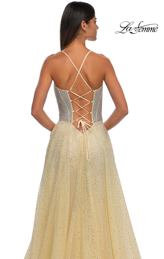 Picture of: Prom Gown with Rhinestone Tulle and Illusion Corset Bodice in Pale Yellow, Style: 32725, Detail Picture 13