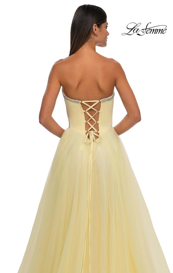 Picture of: A-line Tulle Dress with Satin Top and Rhinestone Neckline in Pale Yellow, Style: 32731, Detail Picture 13