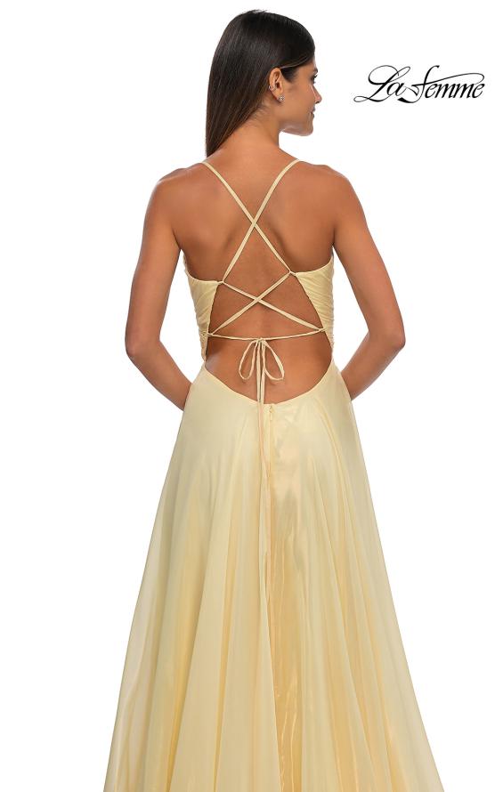 Picture of: Metallic Chiffon Prom Dress with Flowing Skirt and High Slit in Pale Yellow, Style: 33043, Detail Picture 13