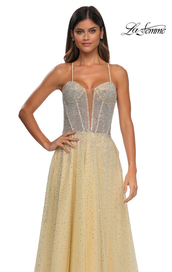 Picture of: Prom Gown with Rhinestone Tulle and Illusion Corset Bodice in Pale Yellow, Style: 32725, Detail Picture 14