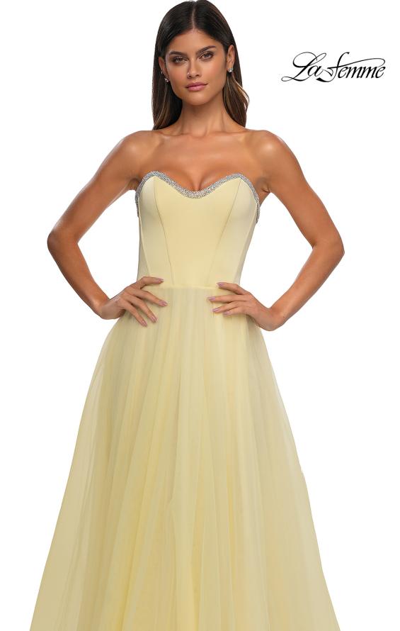 Picture of: A-line Tulle Dress with Satin Top and Rhinestone Neckline in Pale Yellow, Style: 32731, Detail Picture 14