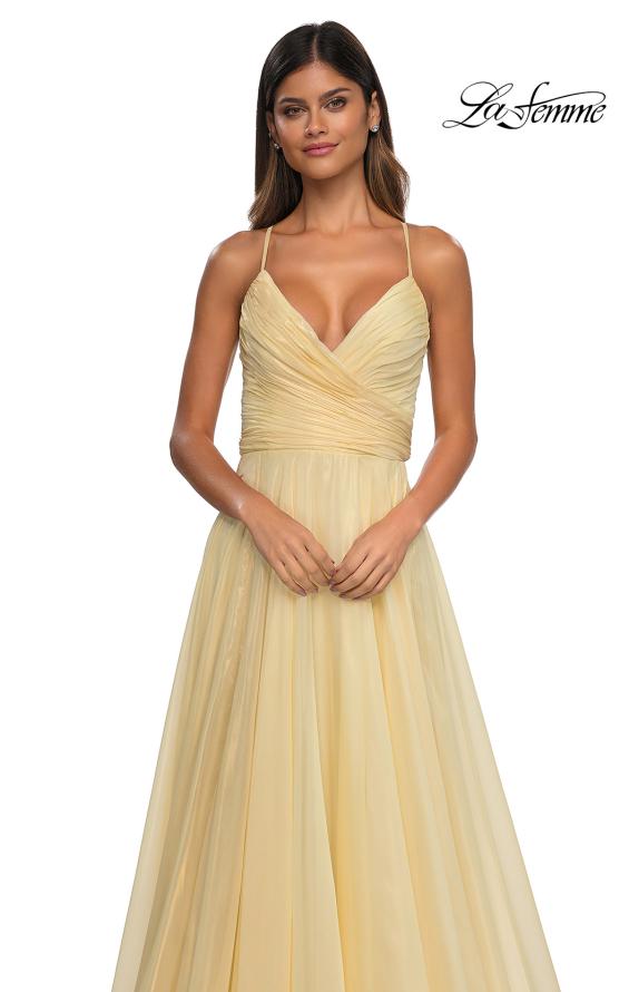 Picture of: Metallic Chiffon Prom Dress with Flowing Skirt and High Slit in Pale Yellow, Style: 33043, Detail Picture 14