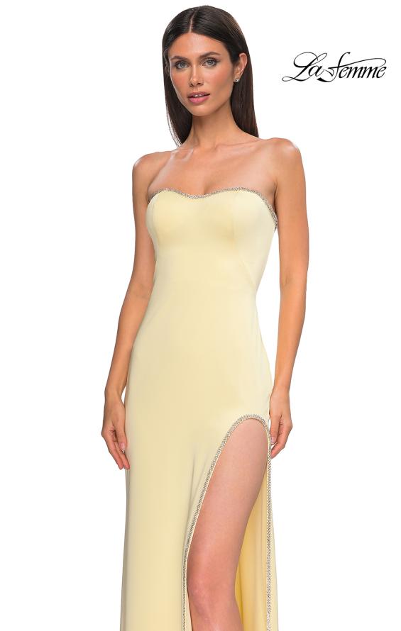 Picture of: Fitted Strapless Dress with Rhinestone Embellished Neckline and Slit in Pale Yellow, Style 32799, Detail Picture 16