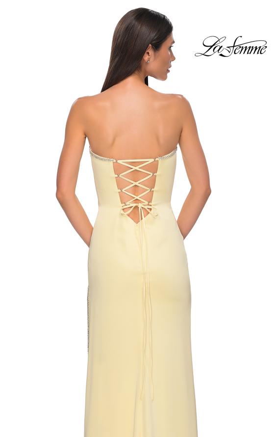 Picture of: Fitted Strapless Dress with Rhinestone Embellished Neckline and Slit in Pale Yellow, Style 32799, Detail Picture 17