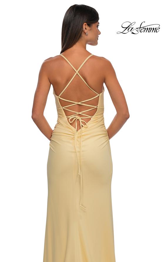 Picture of: Open Back Prom Dress with Rhinestone Detail Neckline in Pale Yellow, Style: 32851, Detail Picture 22