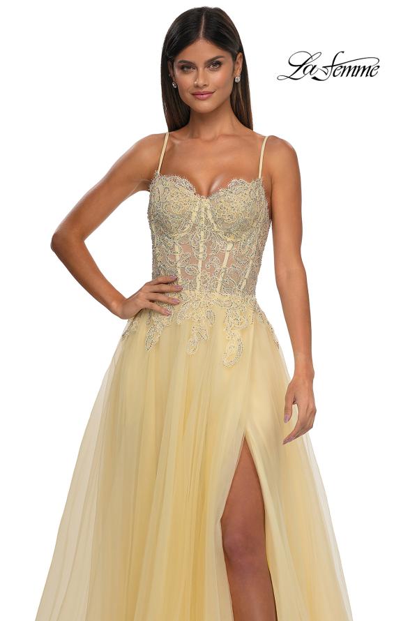 Picture of: Lace and Tulle A-line Prom Dress with High Slit in Pale Yellow, Style: 32646, Detail Picture 23