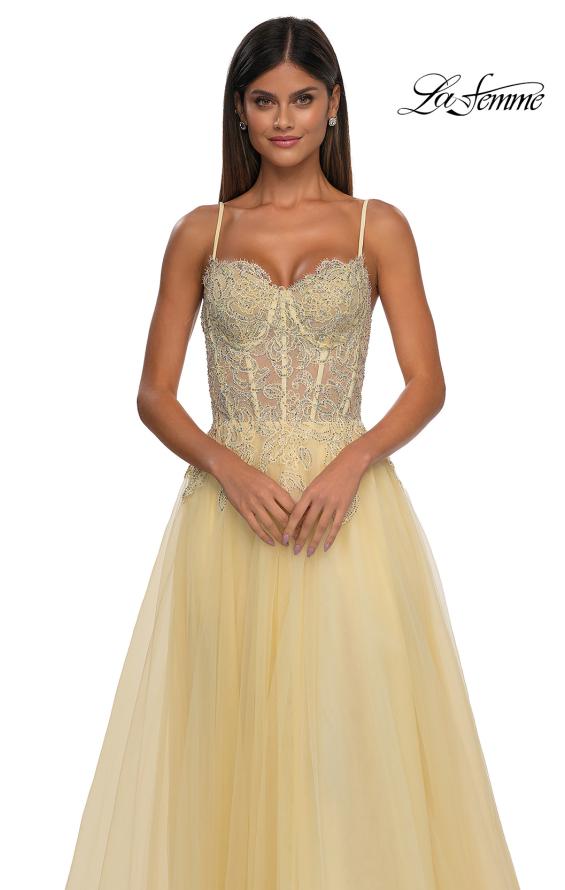 Picture of: Lace and Tulle A-line Prom Dress with High Slit in Pale Yellow, Style: 32646, Detail Picture 25