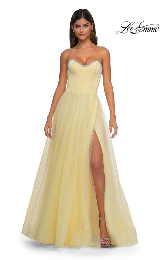 Picture of: A-line Tulle Dress with Satin Top and Rhinestone Neckline in Pale Yellow, Style: 32731, Detail Picture 6