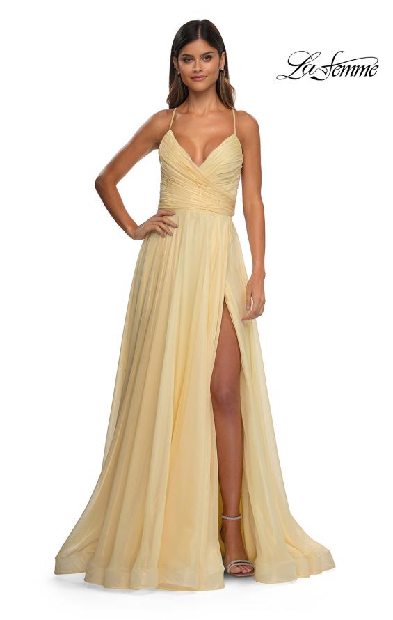 Picture of: Metallic Chiffon Prom Dress with Flowing Skirt and High Slit in Pale Yellow, Style: 33043, Detail Picture 6