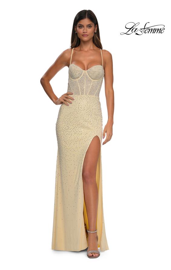 Picture of: Long Prom Dress Embellished with Rhinestones and Open Back in Pale Yellow, Style: 32547, Detail Picture 7