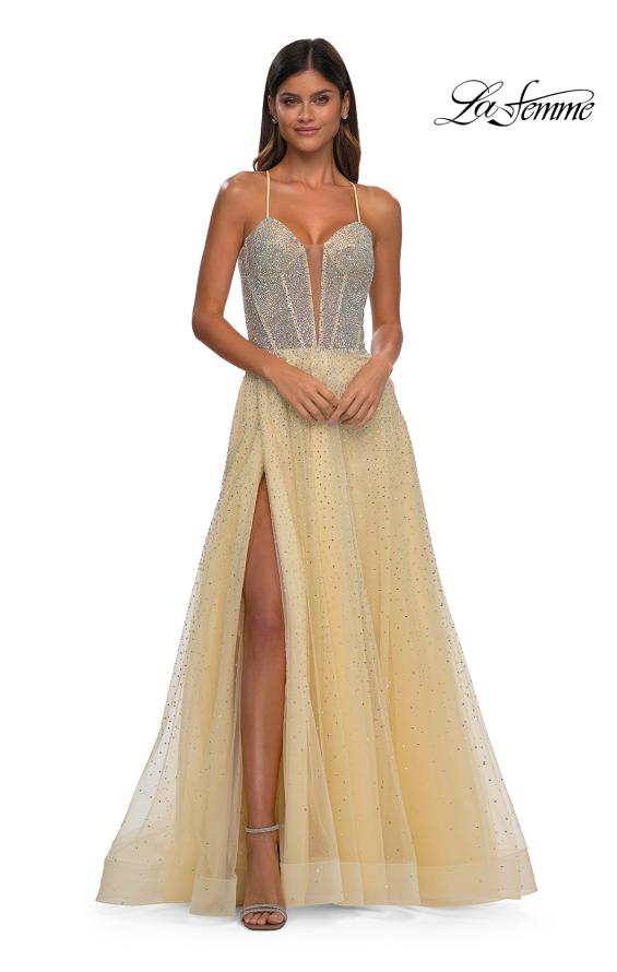 Picture of: Prom Gown with Rhinestone Tulle and Illusion Corset Bodice in Pale Yellow, Style: 32725, Detail Picture 7