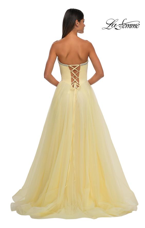 Picture of: A-line Tulle Dress with Satin Top and Rhinestone Neckline in Pale Yellow, Style: 32731, Detail Picture 7