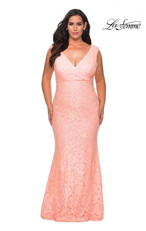 Picture of: Curvy Stretch Lace Dress with V-Neck and Rhinestones in Peach, Style: 28837, Detail Picture 8