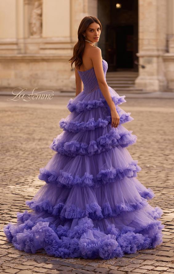 Picture of: Prom Dress with Fabulous Tiered Ruffle Skirt and Strapless Top in Periwinkle , Style 32721, Back Picture