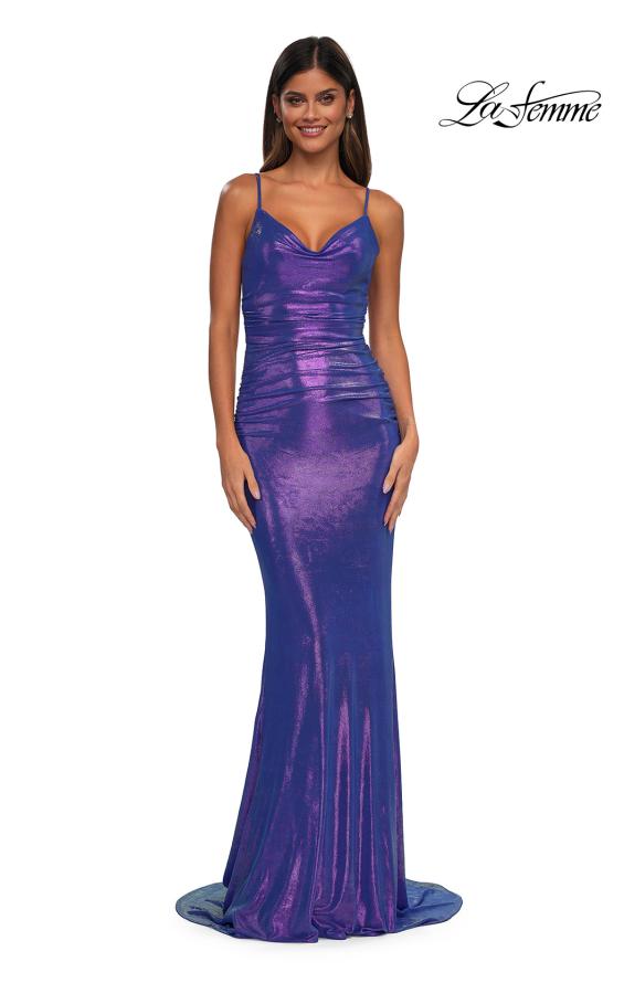 Picture of: Gorgeous Metallic Prom Dress with Ruching and Illusion Back in Periwinkle, Style: 33034, Detail Picture 5