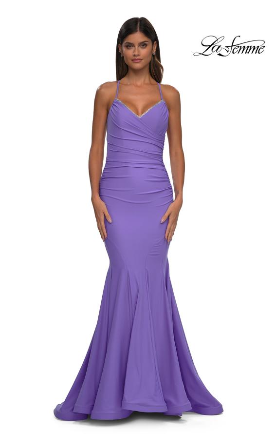 Picture of: Ruched Jersey Mermaid Prom Dress with Rhinestone Neckline in Periwinkle, Style: 32918, Detail Picture 7