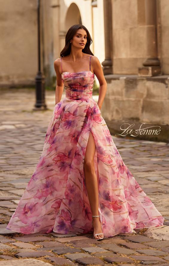 Picture of: Beautiful Floral Organza Print Dress with Slit in Pink , Style 32686, Main Picture