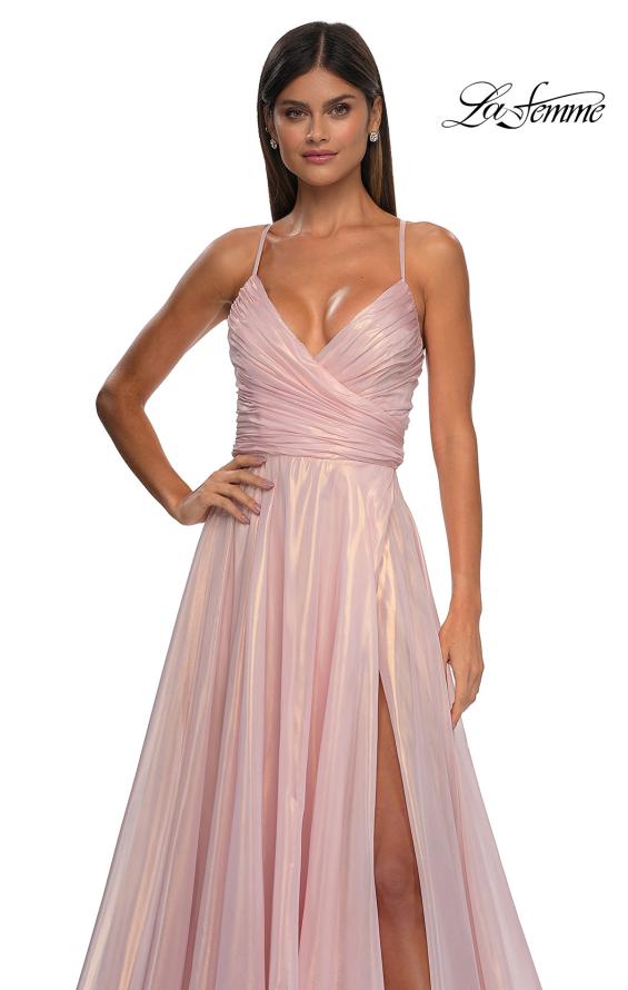 Picture of: Metallic Chiffon Prom Dress with Flowing Skirt and High Slit in Pink , Style: 33043, Detail Picture 9