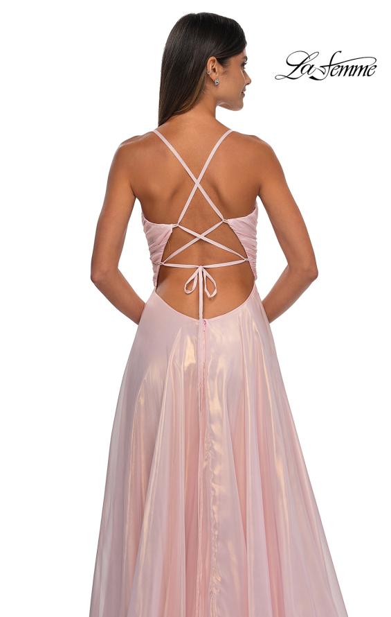 Picture of: Metallic Chiffon Prom Dress with Flowing Skirt and High Slit in Pink , Style: 33043, Detail Picture 10