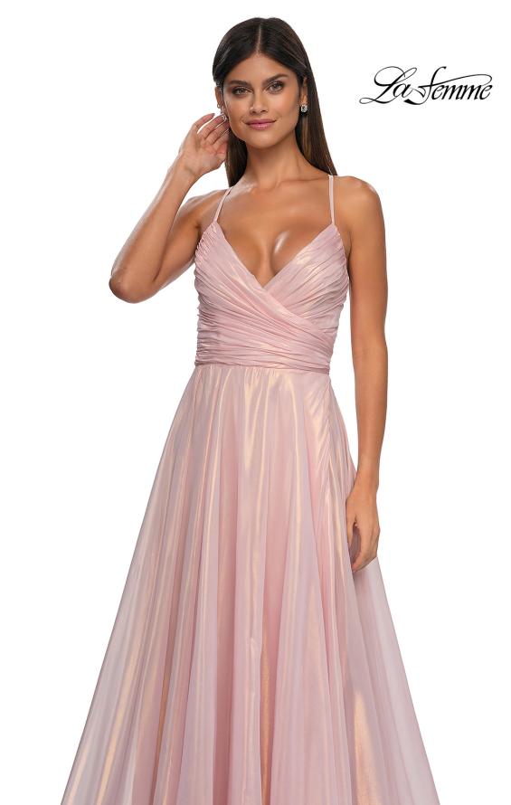 Picture of: Metallic Chiffon Prom Dress with Flowing Skirt and High Slit in Pink , Style: 33043, Detail Picture 11