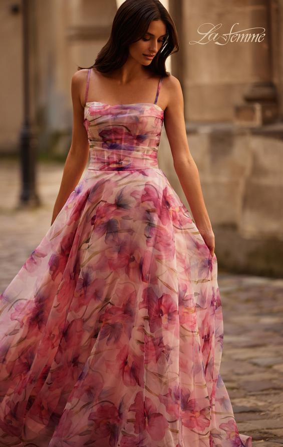 Picture of: Beautiful Floral Organza Print Dress with Slit in Pink , Style 32686, Detail Picture 1