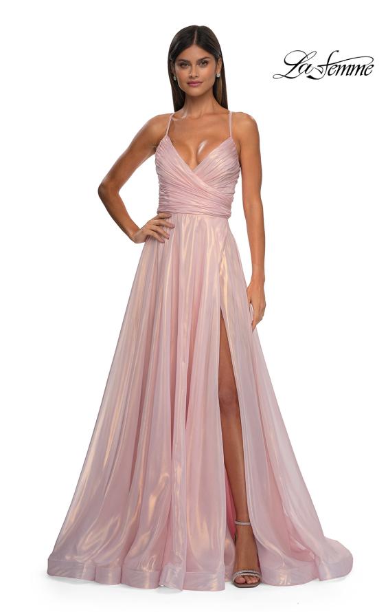 Picture of: Metallic Chiffon Prom Dress with Flowing Skirt and High Slit in Pink , Style: 33043, Detail Picture 3