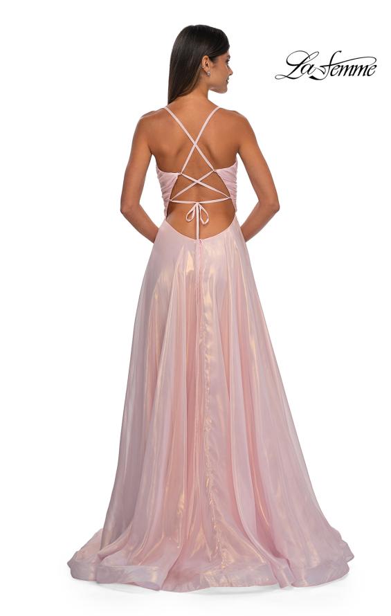 Picture of: Metallic Chiffon Prom Dress with Flowing Skirt and High Slit in Pink , Style: 33043, Detail Picture 4