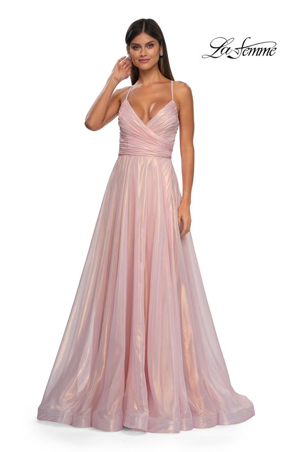 Picture of: Metallic Chiffon Prom Dress with Flowing Skirt and High Slit in Pink , Style: 33043, Detail Picture 5