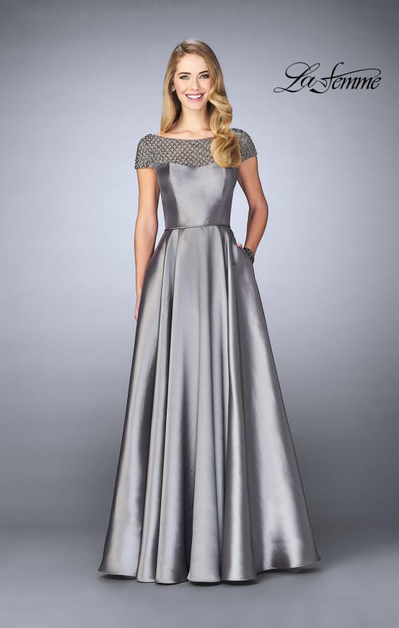 Picture of: A-line Mikado Gown with Sheer Beaded Top in Platinum, Style: 24883, Detail Picture 1