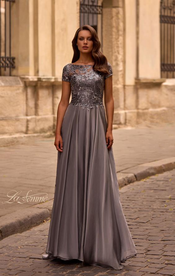 Picture of: Short Sleeve Metallic Lace Evening Dress with Chiffon Skirt, Style: 27924, Main Picture