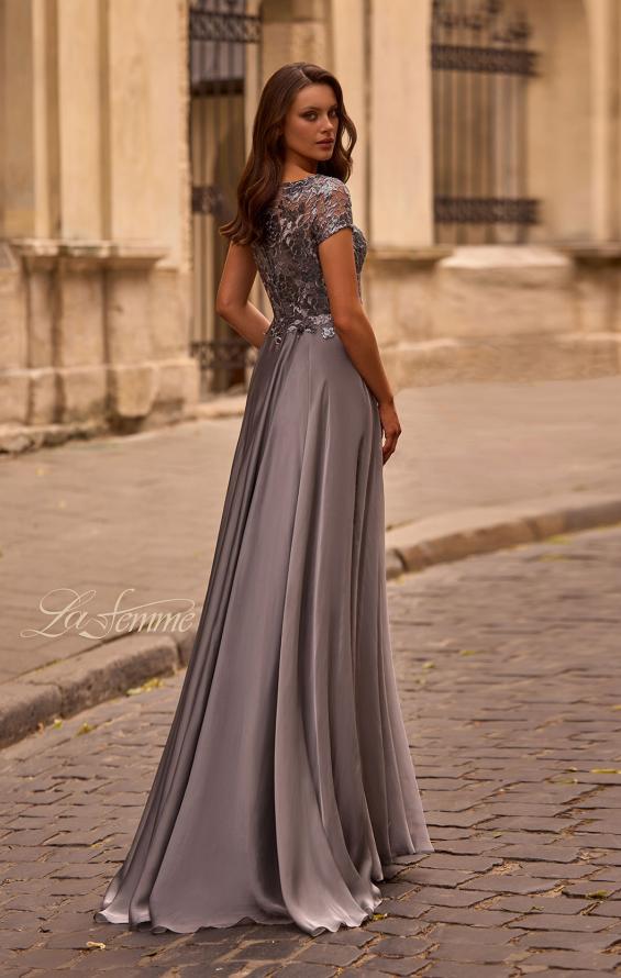 Picture of: Short Sleeve Metallic Lace Evening Dress with Chiffon Skirt, Style: 27924, Back Picture