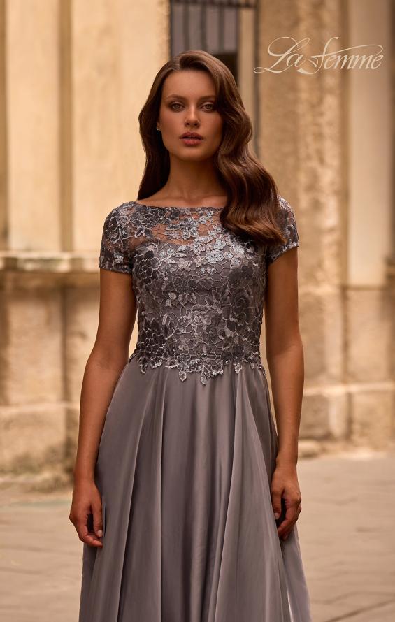 Picture of: Short Sleeve Metallic Lace Evening Dress with Chiffon Skirt, Style: 27924, Detail Picture 1