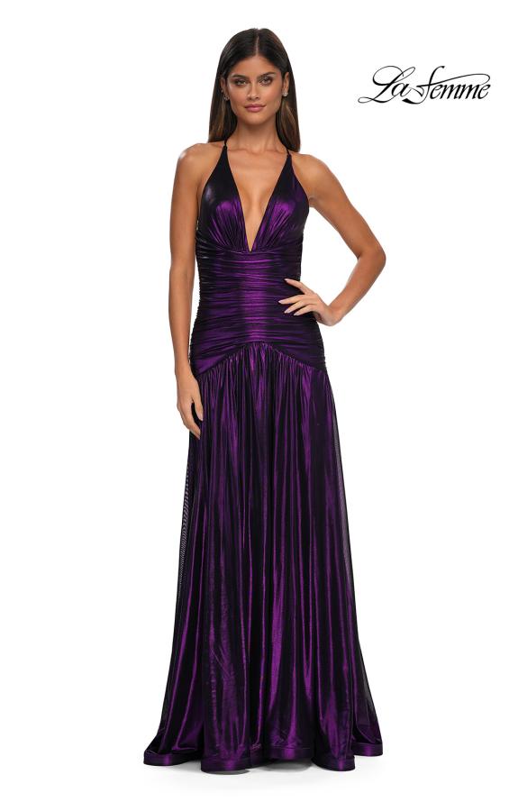 Picture of: Beautiful Long Metallic Net Jersey Gown with Flattering Ruching in Purple, Style: 32887, Detail Picture 8