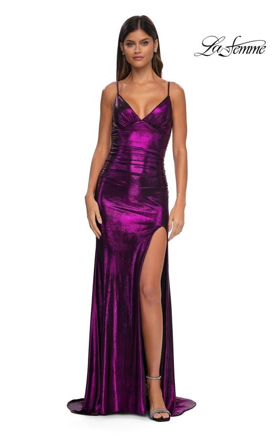 Picture of: Brushed Metallic Jersey Simple Prom Dress with Ruching in Purple, Style: 32812, Detail Picture 9