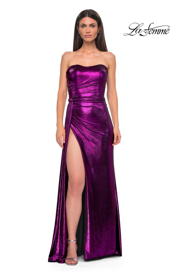 Picture of: Strapless Chic Metallic Jersey Dress with Draped Slit in Purple , Style 32830, Detail Picture 14