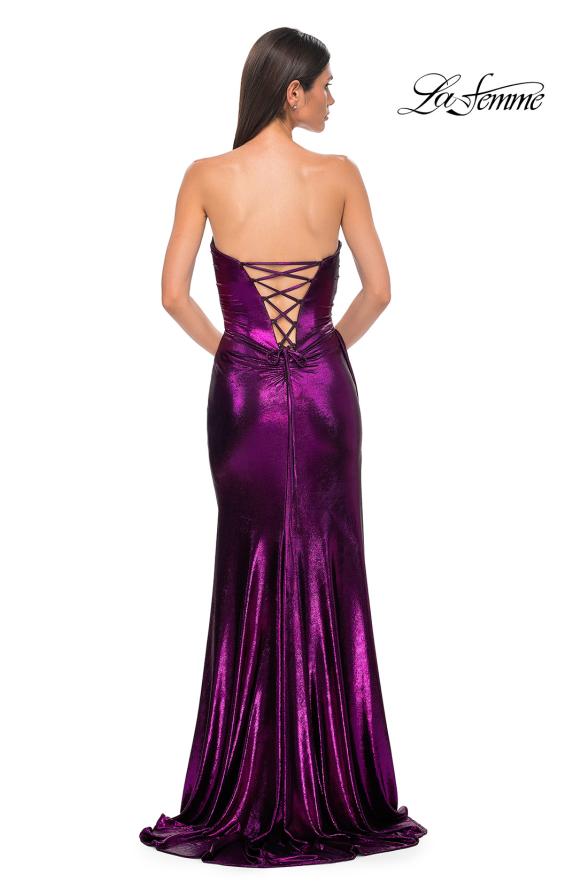 Picture of: Strapless Chic Metallic Jersey Dress with Draped Slit in Purple , Style 32830, Detail Picture 15