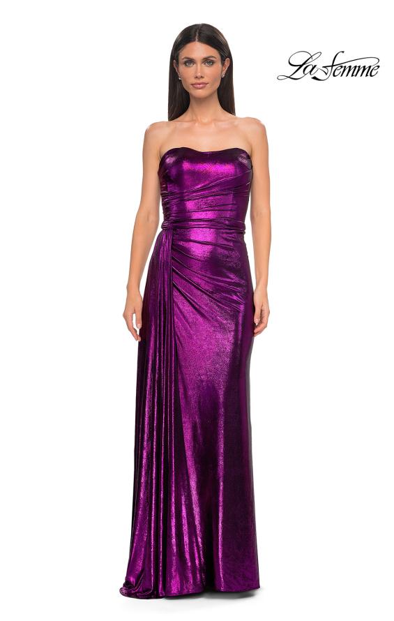 Picture of: Strapless Chic Metallic Jersey Dress with Draped Slit in Purple , Style 32830, Detail Picture 16