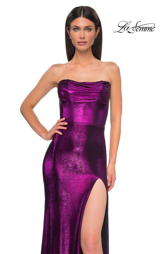 Picture of: Strapless Draped Neckline Prom Dress in Metallic Jersey in Purple , Style 32828, Detail Picture 24