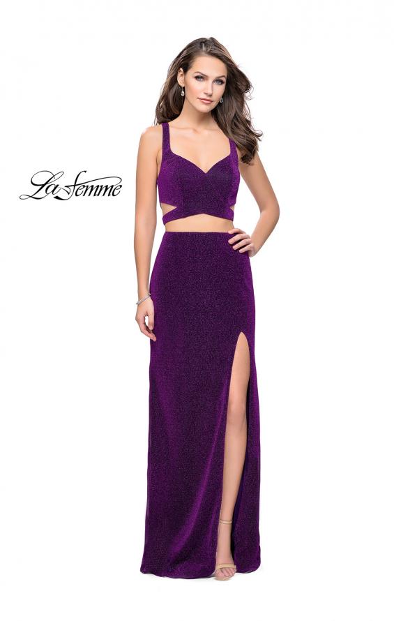 Picture of: Long Jersey Two Piece Prom Dress with Side Cut Outs in Purple, Style: 25597, Detail Picture 2