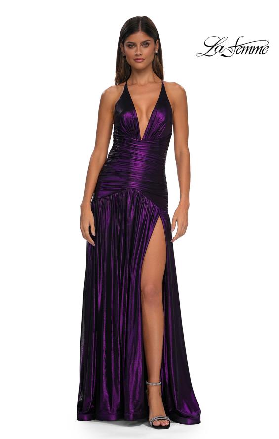 Picture of: Beautiful Long Metallic Net Jersey Gown with Flattering Ruching in Purple, Style: 32887, Detail Picture 6