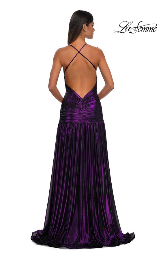 Picture of: Beautiful Long Metallic Net Jersey Gown with Flattering Ruching in Purple, Style: 32887, Detail Picture 7