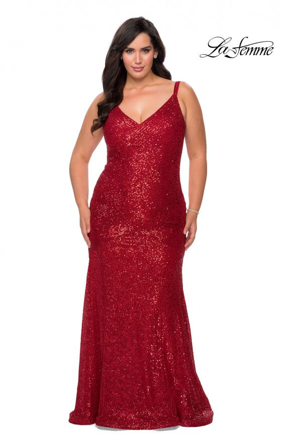 Picture of: Long Sequin Curvy Prom Dress with V-Neckline in Red, Style: 29006, Detail Picture 1