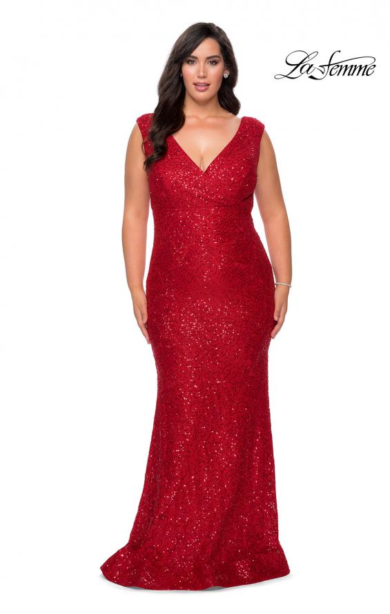 Picture of: Curvy Stretch Lace Dress with V-Neck and Rhinestones in Red, Style: 28837, Detail Picture 2