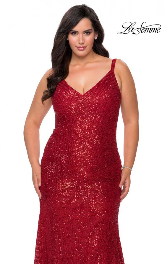 Picture of: Long Sequin Curvy Prom Dress with V-Neckline in Red, Style: 29006, Detail Picture 5