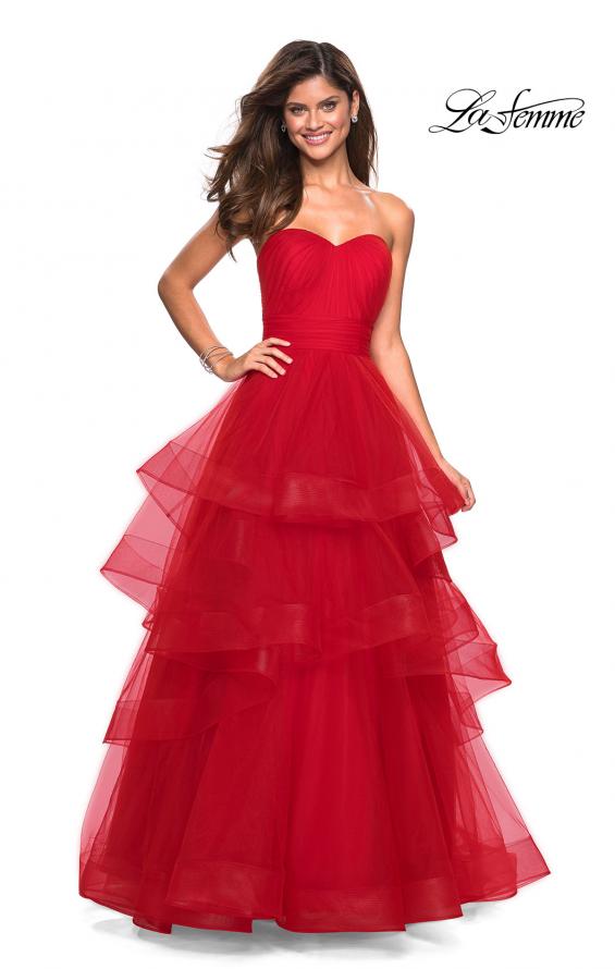 Picture of: Layered Tulle Strapless Prom Gown with Ruching in Red, Style: 27624, Main Picture