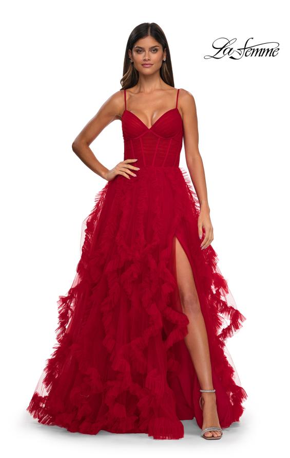 Picture of: Ruffle Tulle Dress with Unique Skirt and Illusion Corset Bodice in Red, Style: 32719, Main Picture