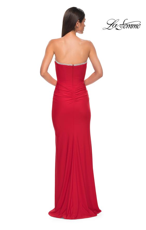 Picture of: Jersey Long Prom Dress with Ruching and Chic Rhinestone Neckline in Red , Style 32756, Detail Picture 8