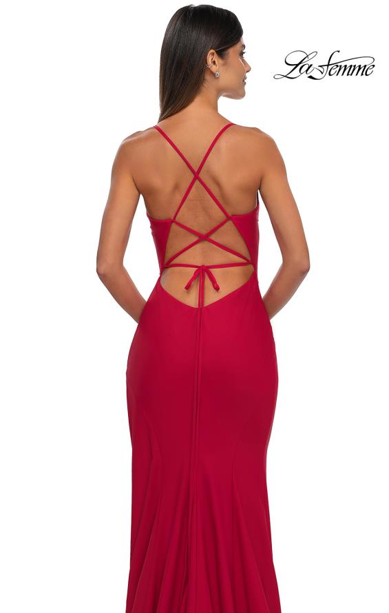 Picture of: Fitted Jersey Prom Dress with High Side Slit in Red , Style: 33080, Detail Picture 8